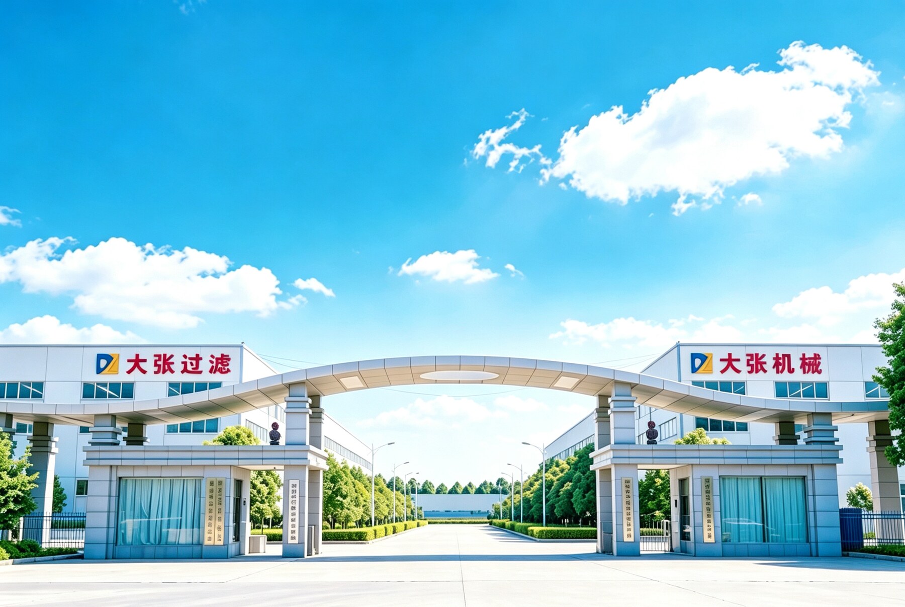 Illustration of the industrial park entrance, with Dazhang Filtration on the left and Dazhang Machinery on the right