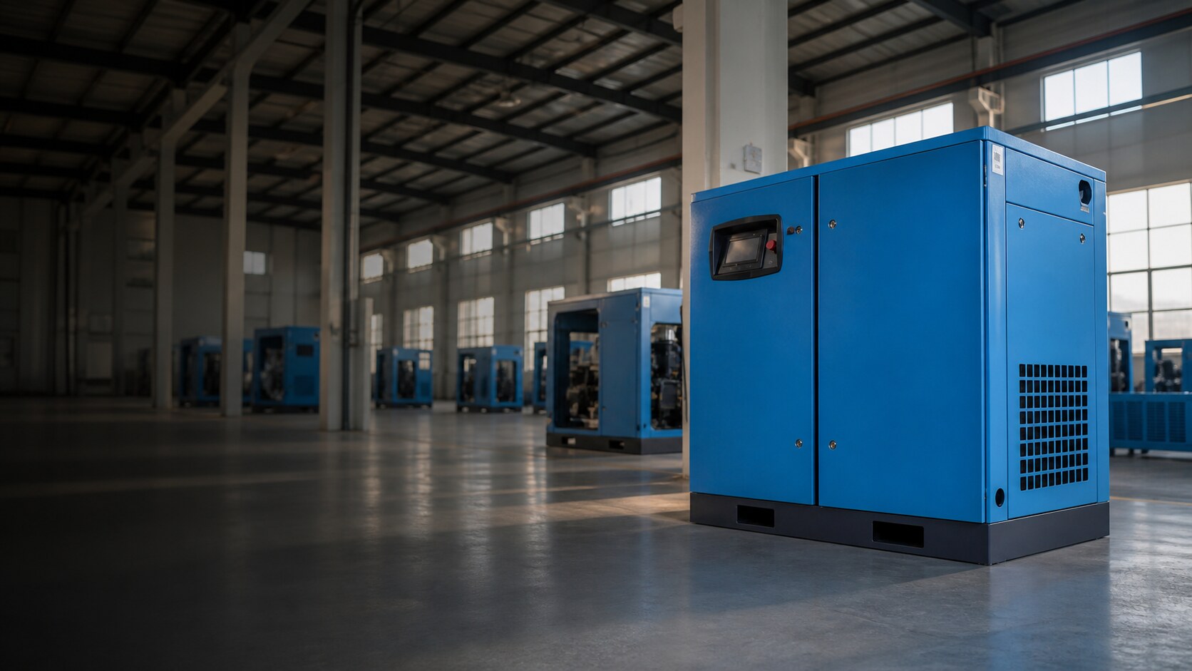 Blue industrial screw air compressor in a modern production environment